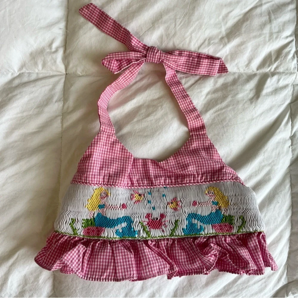 The Bailey Boys Pink Gingham Smocked Mermaid Halter Swim Top 3T